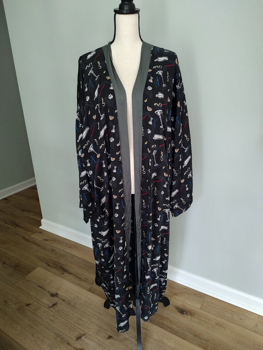 VTG Nicole Miller Silk Robe Martinis Bar Black Long NO TIE SASH L